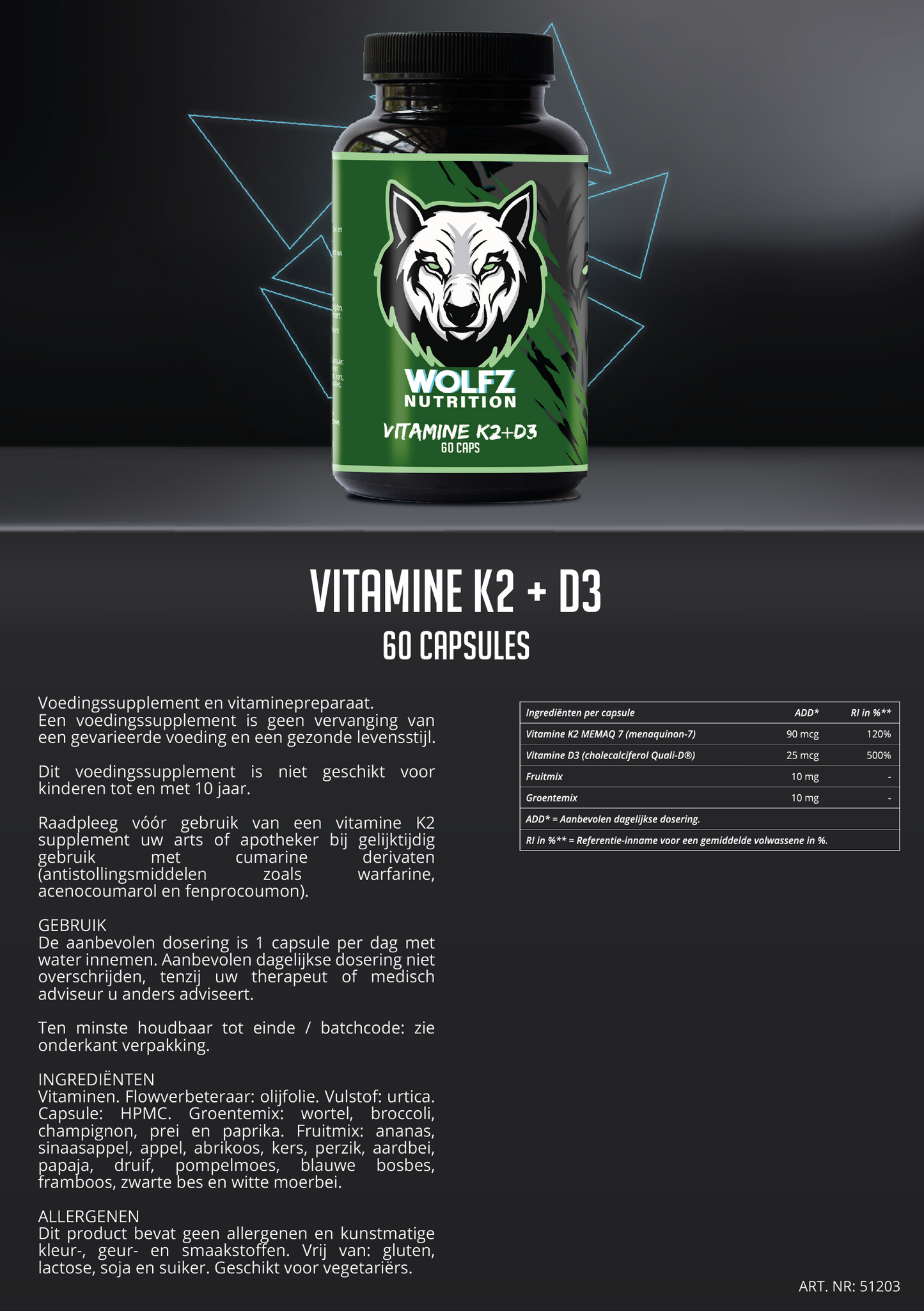 Vitamine K2 + D3 -  60 Capsules
